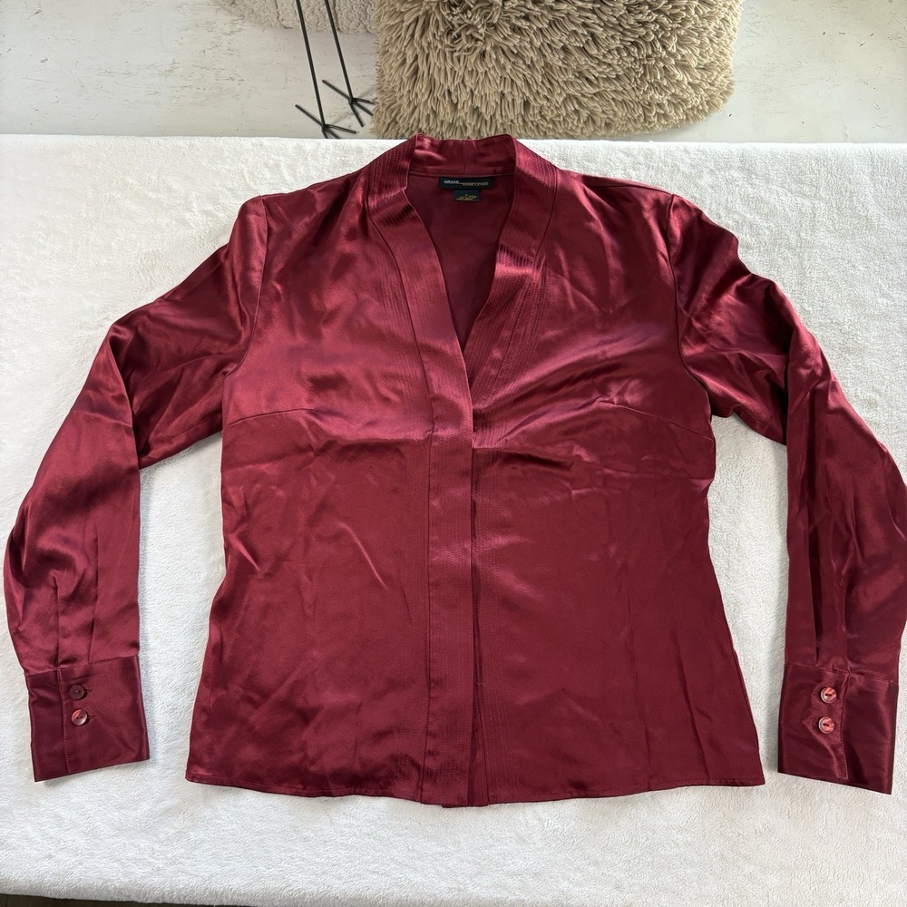 Vintage 90s Grace Dane Lewis 100% Silk Blouse Size 8 Wine Red Kimono Syle‎